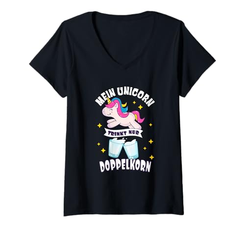 Damen Mein Unicorn Trinkt Nur Doppelkorn Lustiges Einhorn Sauf T-Shirt mit V-Ausschnitt von Lustige Sauf Und Trinksprüche Party Geschenke
