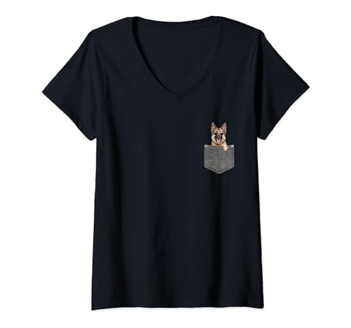 Damen Deutscher Schäferhund in Brusttasche T-Shirt mit V-Ausschnitt Damen Deutscher Schäferhund in Brusttasche T-Shirt mit V-Ausschnitt von Lustige Schäferhund Geschenke & Schlafshirts