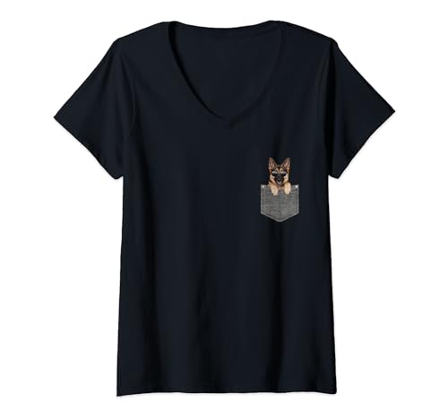 Damen Deutscher Schäferhund in Brusttasche T-Shirt mit V-Ausschnitt Damen Deutscher Schäferhund in Brusttasche T-Shirt mit V-Ausschnitt von Lustige Schäferhund Geschenke & Schlafshirts
