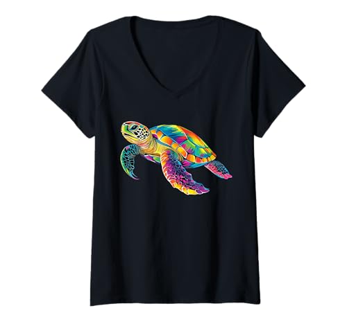 Damen Schildkröte Bunt Popart Regenbogen Reptil Süße Schildkröten T-Shirt mit V-Ausschnitt Damen Schildkröte Bunt Popart Regenbogen Reptil Süße Schildkröten T-Shirt mit V-Ausschnitt von Lustige Schildkröte für alle Reptilien Liebhaber