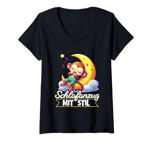 Damen Schlafanzug Mit Stil Schlafen Müde Affe Pyjama Spruch T-Shirt mit V-Ausschnitt Damen Schlafanzug Mit Stil Schlafen Müde Affe Pyjama Spruch T-Shirt mit V-Ausschnitt von Lustige Schlafkleidung