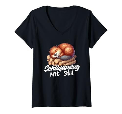 Damen Schlafanzug Mit Stil Schlafen Müde Bieber Spruch T-Shirt mit V-Ausschnitt Damen Schlafanzug Mit Stil Schlafen Müde Bieber Spruch T-Shirt mit V-Ausschnitt von Lustige Schlafkleidung