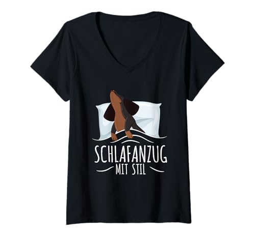 Damen Schlafanzug Mit Stil Schlafen Müde Dackel Pyjama Spruch T-Shirt mit V-Ausschnitt von Lustige Schlafkleidung