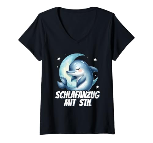 Damen Schlafanzug Mit Stil Schlafen Müde Delfin Pyjama Spruch T-Shirt mit V-Ausschnitt von Lustige Schlafkleidung