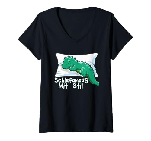 Damen Schlafanzug Mit Stil Schlafen Müde Dinosaurier Pyjama Spruch T-Shirt mit V-Ausschnitt von Lustige Schlafkleidung