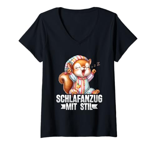 Damen Schlafanzug Mit Stil Schlafen Müde Eichhörnchen Pyjama T-Shirt mit V-Ausschnitt von Lustige Schlafkleidung