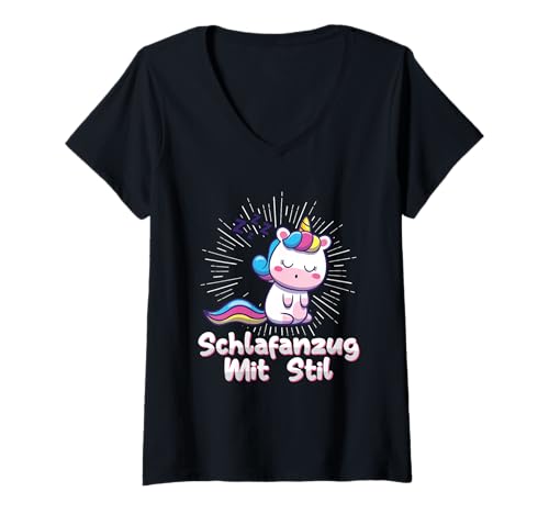 Damen Schlafanzug Mit Stil Schlafen Müde Einhorn Pyjama Spruch T-Shirt mit V-Ausschnitt Damen Schlafanzug Mit Stil Schlafen Müde Einhorn Pyjama Spruch T-Shirt mit V-Ausschnitt von Lustige Schlafkleidung