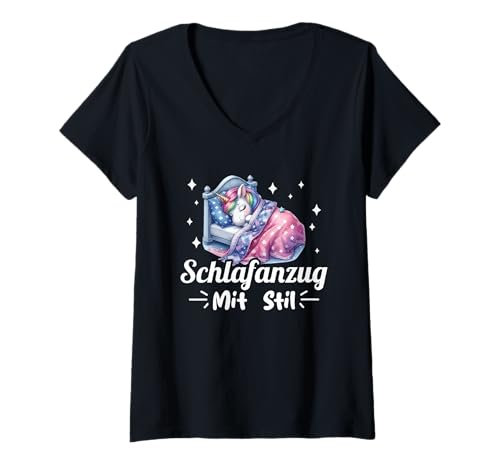 Damen Schlafanzug Mit Stil Schlafen Müde Einhorn Spruch T-Shirt mit V-Ausschnitt Damen Schlafanzug Mit Stil Schlafen Müde Einhorn Spruch T-Shirt mit V-Ausschnitt von Lustige Schlafkleidung