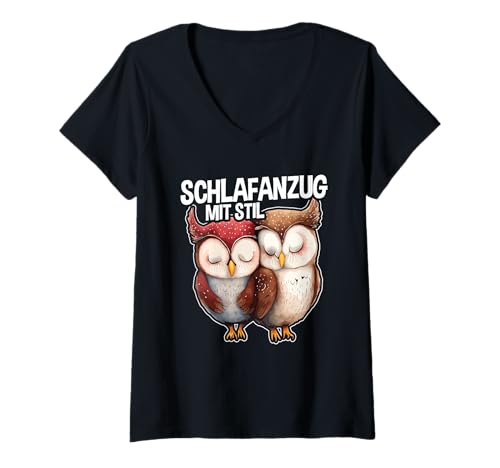 Damen Schlafanzug Mit Stil Schlafen Müde Eule Pyjama Pärchen T-Shirt mit V-Ausschnitt von Lustige Schlafkleidung