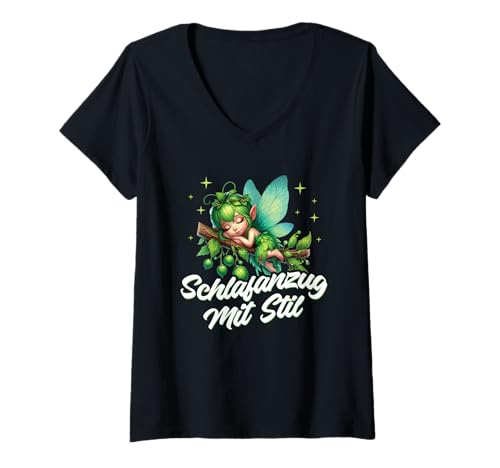 Damen Schlafanzug Mit Stil Schlafen Müde Fee Pyjama Spruch T-Shirt mit V-Ausschnitt Damen Schlafanzug Mit Stil Schlafen Müde Fee Pyjama Spruch T-Shirt mit V-Ausschnitt von Lustige Schlafkleidung