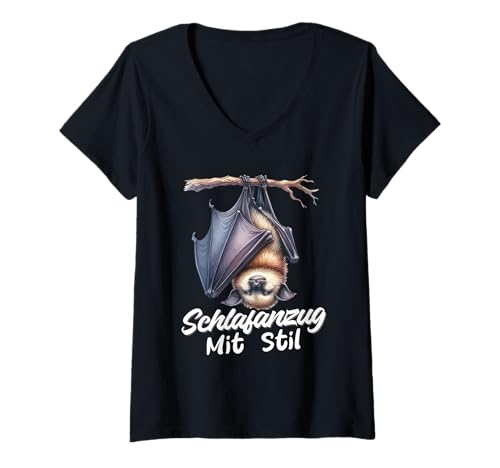 Damen Schlafanzug Mit Stil Schlafen Müde Fledermaus Spruch T-Shirt mit V-Ausschnitt von Lustige Schlafkleidung
