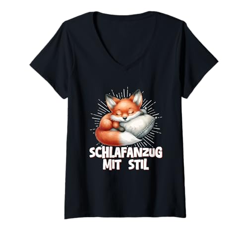 Damen Schlafanzug Mit Stil Schlafen Müde Fuchs Pyjama Langschläfer T-Shirt mit V-Ausschnitt von Lustige Schlafkleidung