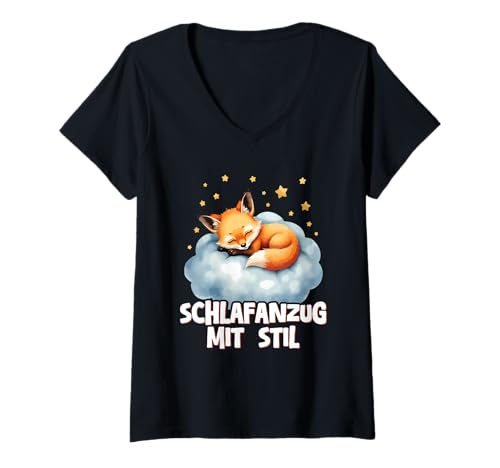 Damen Schlafanzug Mit Stil Schlafen Müde Fuchs Pyjama Spruch T-Shirt mit V-Ausschnitt von Lustige Schlafkleidung