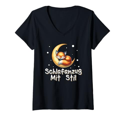 Damen Schlafanzug Mit Stil Schlafen Müde Fuchs Pyjama Spruch T-Shirt mit V-Ausschnitt Damen Schlafanzug Mit Stil Schlafen Müde Fuchs Pyjama Spruch T-Shirt mit V-Ausschnitt von Lustige Schlafkleidung