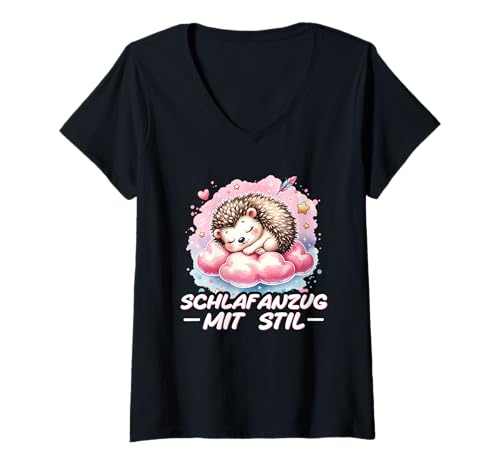 Damen Schlafanzug Mit Stil Schlafen Müde Igel Pyjama Spruch T-Shirt mit V-Ausschnitt Damen Schlafanzug Mit Stil Schlafen Müde Igel Pyjama Spruch T-Shirt mit V-Ausschnitt von Lustige Schlafkleidung