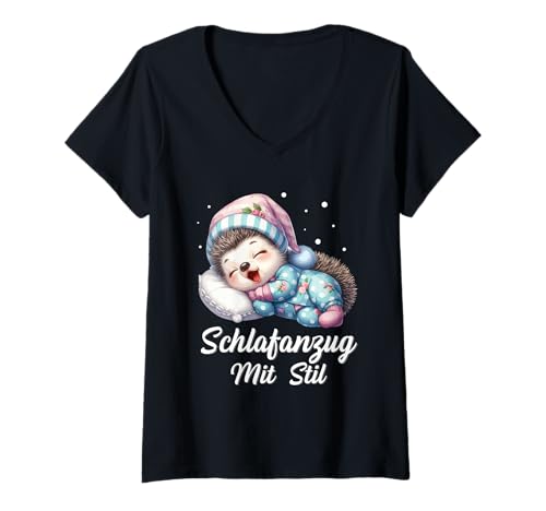 Damen Schlafanzug Mit Stil Schlafen Müde Igel Pyjama Spruch T-Shirt mit V-Ausschnitt Damen Schlafanzug Mit Stil Schlafen Müde Igel Pyjama Spruch T-Shirt mit V-Ausschnitt von Lustige Schlafkleidung