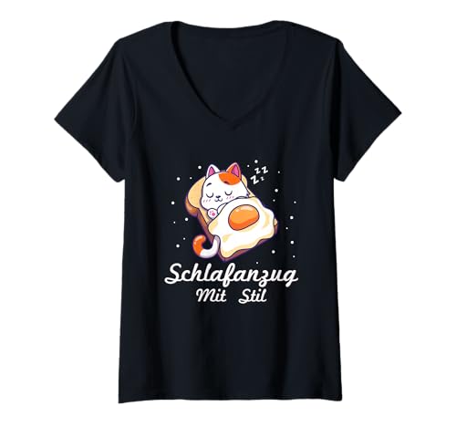 Damen Schlafanzug Mit Stil Schlafen Müde Katze Toast Pyjama Spruch T-Shirt mit V-Ausschnitt Damen Schlafanzug Mit Stil Schlafen Müde Katze Toast Pyjama Spruch T-Shirt mit V-Ausschnitt von Lustige Schlafkleidung