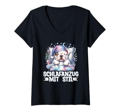 Damen Schlafanzug Mit Stil Schlafen Müde Mops Hund Pyjama Spruch T-Shirt mit V-Ausschnitt Damen Schlafanzug Mit Stil Schlafen Müde Mops Hund Pyjama Spruch T-Shirt mit V-Ausschnitt von Lustige Schlafkleidung