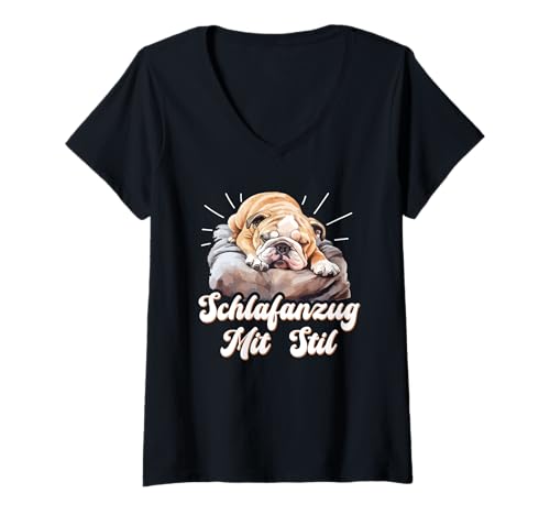 Damen Schlafanzug Mit Stil Schlafen Müde Mops Pyjama Müde Spruch T-Shirt mit V-Ausschnitt von Lustige Schlafkleidung