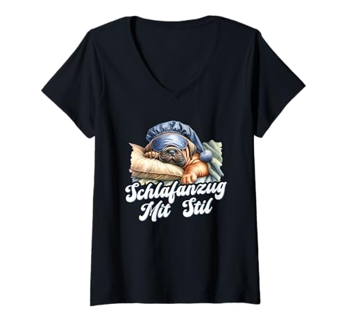 Damen Schlafanzug Mit Stil Schlafen Müde Mops Pyjama Spruch T-Shirt mit V-Ausschnitt Damen Schlafanzug Mit Stil Schlafen Müde Mops Pyjama Spruch T-Shirt mit V-Ausschnitt von Lustige Schlafkleidung