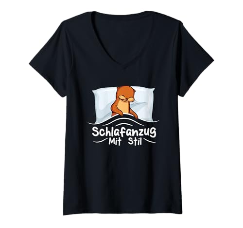 Damen Schlafanzug Mit Stil Schlafen Müde Otter Pyjama Spruch T-Shirt mit V-Ausschnitt von Lustige Schlafkleidung