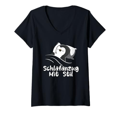 Damen Schlafanzug Mit Stil Schlafen Müde Pinguin Pyjama Spruch T-Shirt mit V-Ausschnitt von Lustige Schlafkleidung