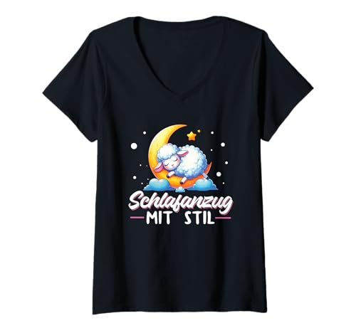Damen Schlafanzug Mit Stil Schlafen Müde Schaf Pyjama T-Shirt mit V-Ausschnitt Damen Schlafanzug Mit Stil Schlafen Müde Schaf Pyjama T-Shirt mit V-Ausschnitt von Lustige Schlafkleidung