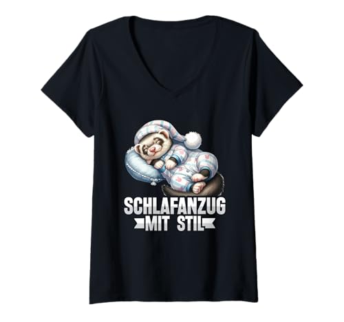 Damen Schlafanzug Mit Stil Schlafen Müde Waschbär Pyjama Spruch T-Shirt mit V-Ausschnitt von Lustige Schlafkleidung