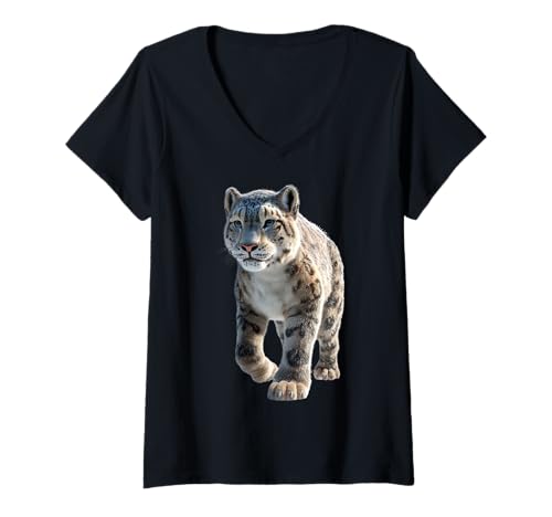 Damen Schneeleopard Panther Raubkatze Großkatze Schnee Leoparden T-Shirt mit V-Ausschnitt Damen Schneeleopard Panther Raubkatze Großkatze Schnee Leoparden T-Shirt mit V-Ausschnitt von Lustige Schneeleoparden für Raubkatzen Liebhaber