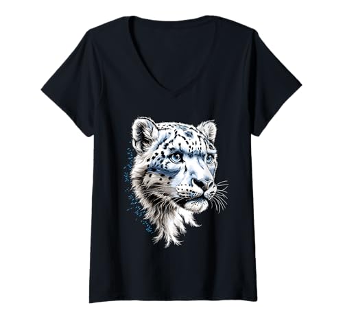 Damen Schneeleopard Panther Raubkatze Großkatze Schnee Leoparden T-Shirt mit V-Ausschnitt von Lustige Schneeleoparden für Raubkatzen Liebhaber