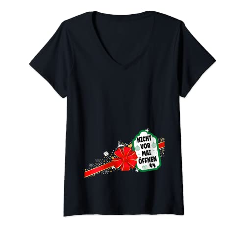 Damen Weihnachten Schwangerschaft Verkünden Mai Baby Geburt Mama T-Shirt mit V-Ausschnitt von Lustige Schwanger Überraschung Großeltern Papa