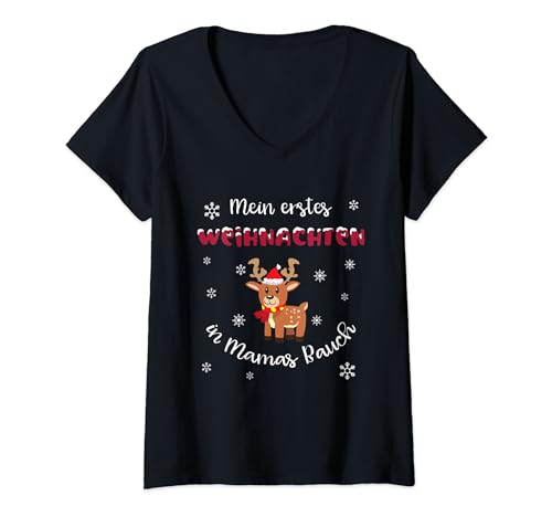Damen Weihnachtsoutfit mit Rentier Schwangerschaft Verkündung T-Shirt mit V-Ausschnitt Damen Weihnachtsoutfit mit Rentier Schwangerschaft Verkündung T-Shirt mit V-Ausschnitt von Lustige Schwangerschaft Verkündung zu Weihnachten