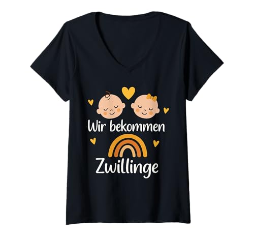 Damen Wir Bekommen Zwillinge Süße Schwangerschaft Baby T-Shirt mit V-Ausschnitt von Lustige Schwangerschaft Zwillinge Baby Ankündigung
