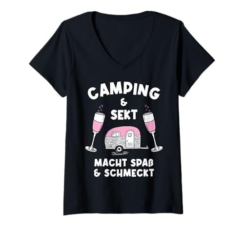 Damen Camping Sekt Wohnwagen Camper Wohnmobil Sprüche T-Shirt mit V-Ausschnitt Damen Camping Sekt Wohnwagen Camper Wohnmobil Sprüche T-Shirt mit V-Ausschnitt von Lustige Sekt Camping Geschenke Für Frauen