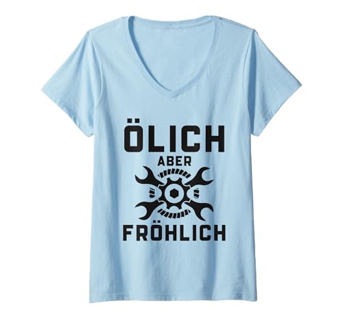 Damen Ölich Aber Fröhlich Schrauber Mechaniker Geschenk T-Shirt mit V-Ausschnitt von Lustige Shirt Geschenkidee Für Mechaniker