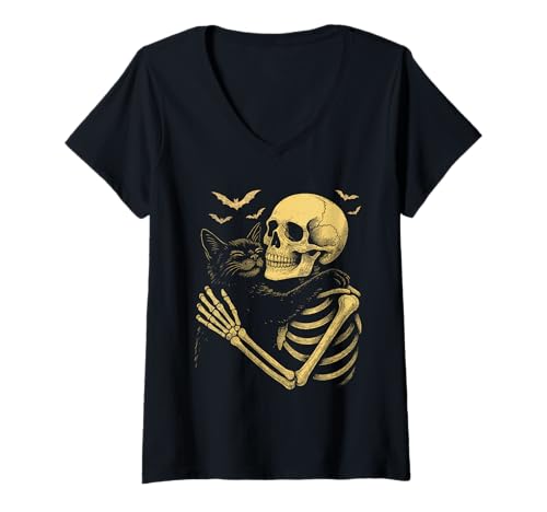 Damen Skelett Umarmende Katze Gothic Halloween Liebhaber T-Shirt mit V-Ausschnitt Damen Skelett Umarmende Katze Gothic Halloween Liebhaber T-Shirt mit V-Ausschnitt von Lustige Skelett Katze Umarmung