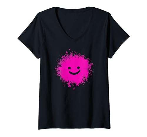 Damen Lustiges Happy-Klecks T-Shirt mit V-Ausschnitt Damen Lustiges Happy-Klecks T-Shirt mit V-Ausschnitt von Lustige Smiley-Klamotten
