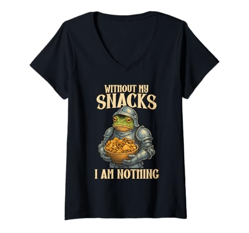 Damen Without My Snacks I Am Nothing Nachvollziehbarer Seltsamer T-Shirt mit V-Ausschnitt von Lustige Snack-Süchtige Frosch-Humor Geschenke Spaß