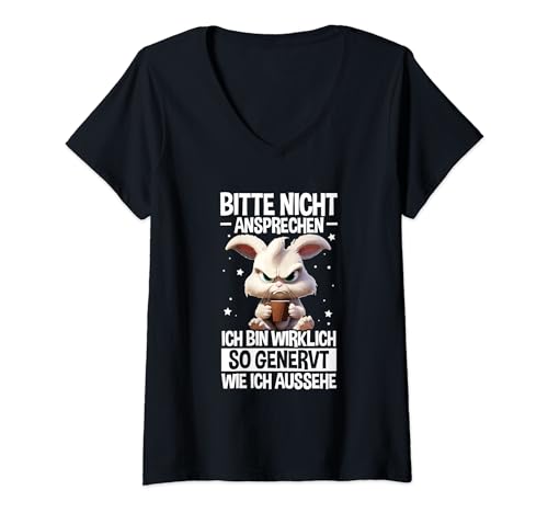 Damen Bitte Nicht Ansprechen Genervt Wich Ich Aussehe Kaninchen T-Shirt mit V-Ausschnitt Damen Bitte Nicht Ansprechen Genervt Wich Ich Aussehe Kaninchen T-Shirt mit V-Ausschnitt von Lustige Spruch Kleidung