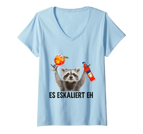 Damen Es eskaliert eh Party Waschbär Alkohol Fun T-Shirt mit V-Ausschnitt Damen Es eskaliert eh Party Waschbär Alkohol Fun T-Shirt mit V-Ausschnitt von Lustige Sprüche Alkohol Party Fun Humor