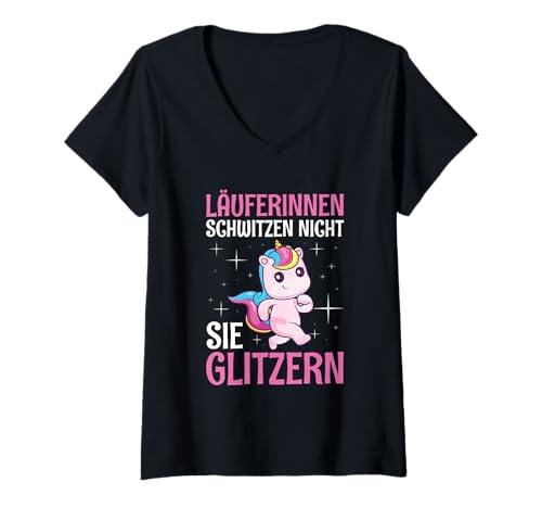 Damen Läuferinnen Schwitzen Nicht Sie Glitzern Einhorn Lustig T-Shirt mit V-Ausschnitt Damen Läuferinnen Schwitzen Nicht Sie Glitzern Einhorn Lustig T-Shirt mit V-Ausschnitt von Lustige Sprüche Für Läuferinnen