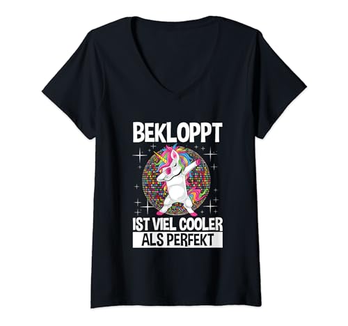 Damen Bekloppt Ist Viel Cooler Als Perfekt Einhorn Statement T-Shirt mit V-Ausschnitt von Lustige Sprüche Kleidung