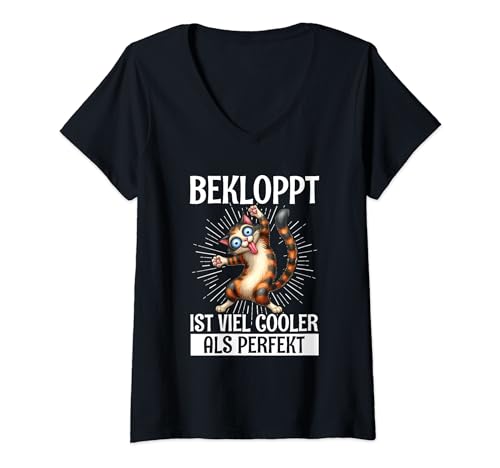 Damen Bekloppt Ist Viel Cooler Als Perfekt Katze Verrückt Spruch T-Shirt mit V-Ausschnitt von Lustige Sprüche Kleidung