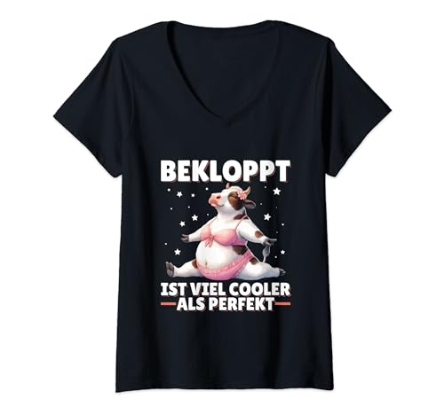 Damen Bekloppt Ist Viel Cooler Als Perfekt Verrückte Kuh Bauernhof T-Shirt mit V-Ausschnitt von Lustige Sprüche Kleidung