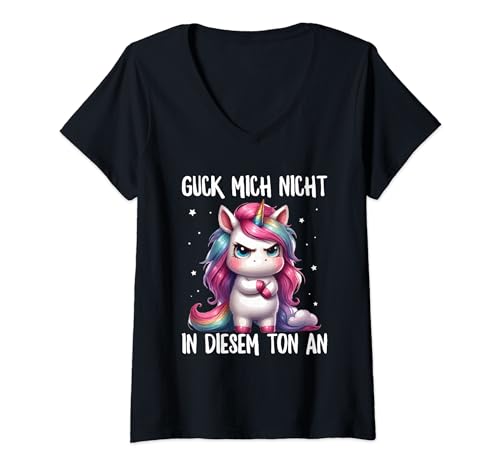 Damen Guck Mich Nicht In Diesem Ton An Einhorn Lustig T-Shirt mit V-Ausschnitt von Lustige Sprüche Kleidung