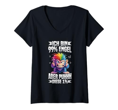 Damen Ich Bin 99% Engel Aber Puhhh Diese 1% AFFE Spruch T-Shirt mit V-Ausschnitt von Lustige Sprüche Kleidung