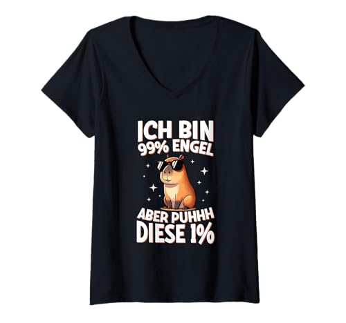 Damen Ich Bin 99% Engel Aber Puhhh Diese 1% Capybara Spruch T-Shirt mit V-Ausschnitt von Lustige Sprüche Kleidung