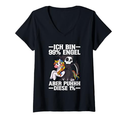 Damen Ich Bin 99% Engel Aber Puhhh Diese 1% Einhorn Frech T-Shirt mit V-Ausschnitt von Lustige Sprüche Kleidung