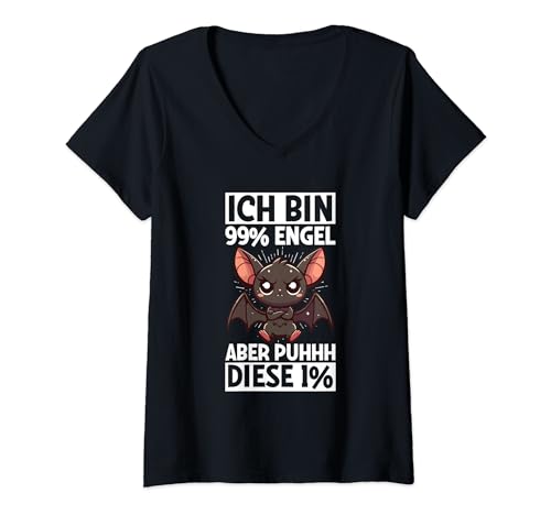 Damen Ich Bin 99% Engel Aber Puhhh Diese 1% Fledermaus Spruch T-Shirt mit V-Ausschnitt von Lustige Sprüche Kleidung