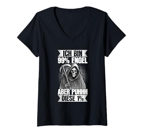 Damen Ich Bin 99% Engel Aber Puhhh Diese 1% Frech Spruch T-Shirt mit V-Ausschnitt von Lustige Sprüche Kleidung